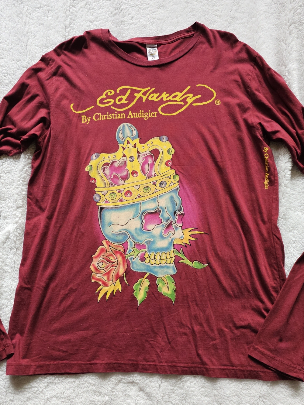 Vtg Y2k Ed Hardy Mens Burgundy Long Sleeve Graphic Shirt Skull King XL Excellent